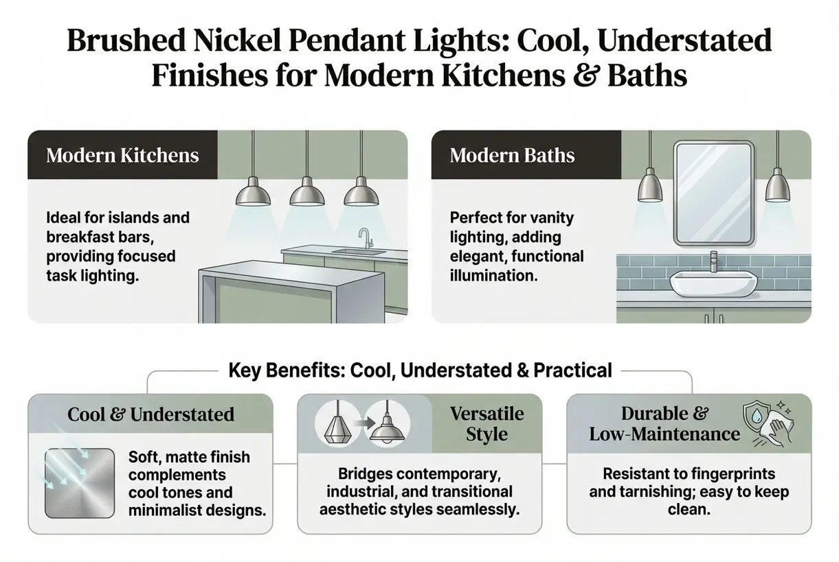 Hanglampen van geborsteld nikkel: koele, ingetogen afwerking voor moderne keukens en badkamers - infographic