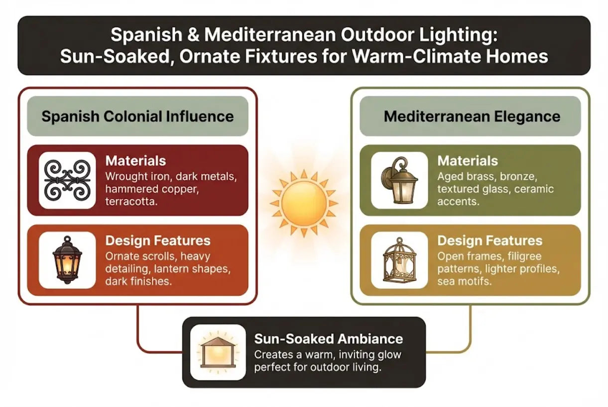 Buitenverlichting in Spaanse en mediterrane stijl: zonnige, rijk versierde armaturen voor huizen in een warm klimaat - infographic