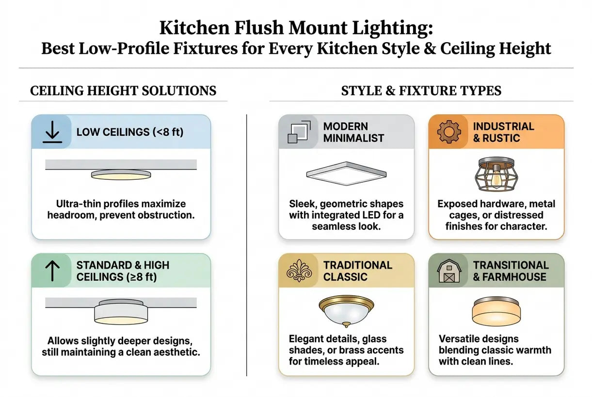 Kitchen Flush Mount Lighting: Best Low-Profile Fixtures for Every Kitchen Style & Ceiling Height - infographic