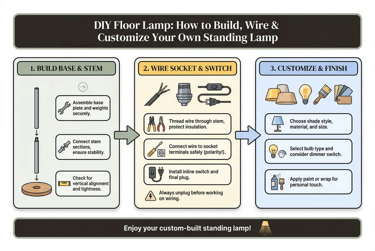 DIY Vloerlamp: Hoe je je eigen staande lamp bouwt, bedraadt en aanpast - infographic