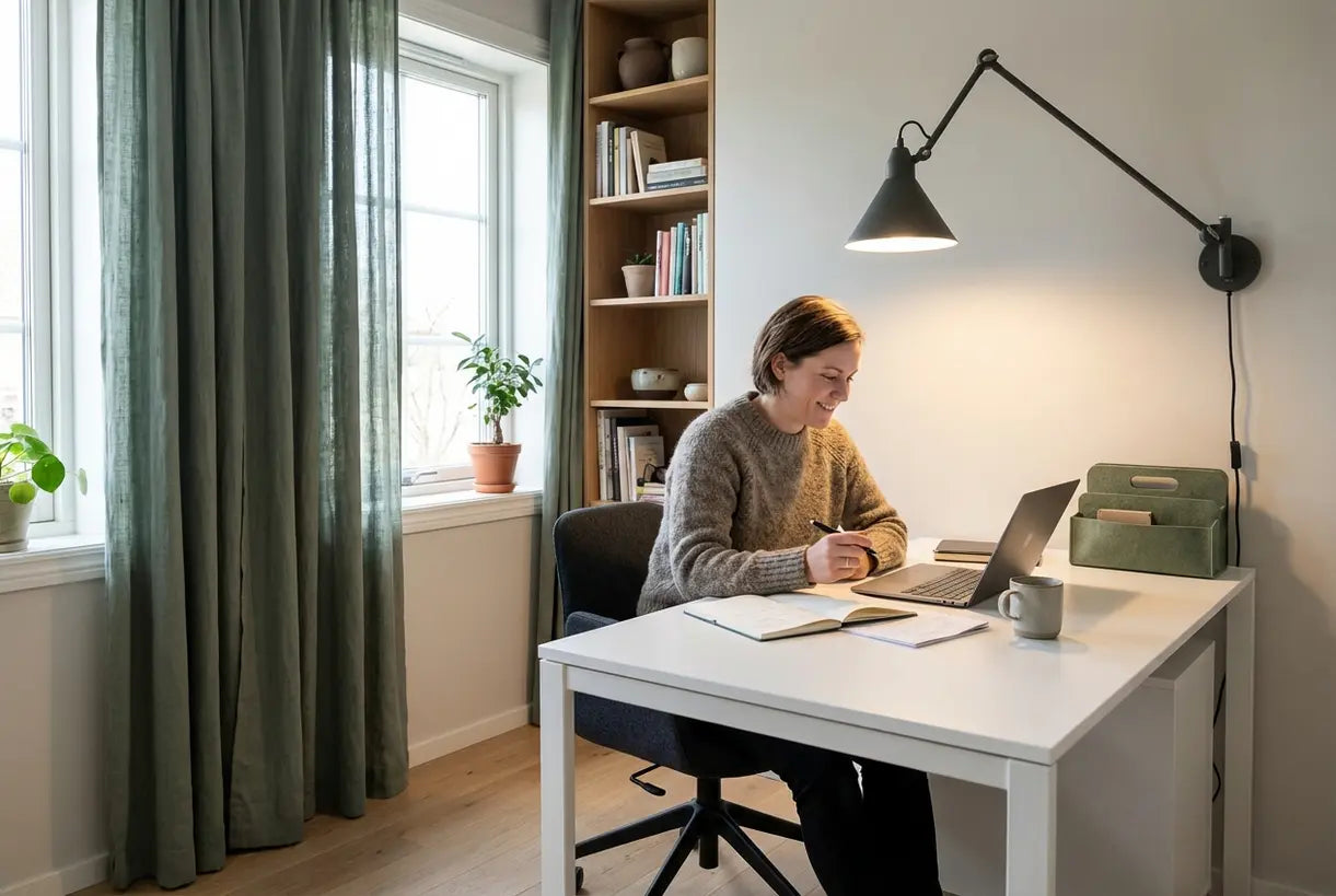 Scandinavisch thuiskantoor met wandgemonteerde bureaulamp die taakverlichting biedt
