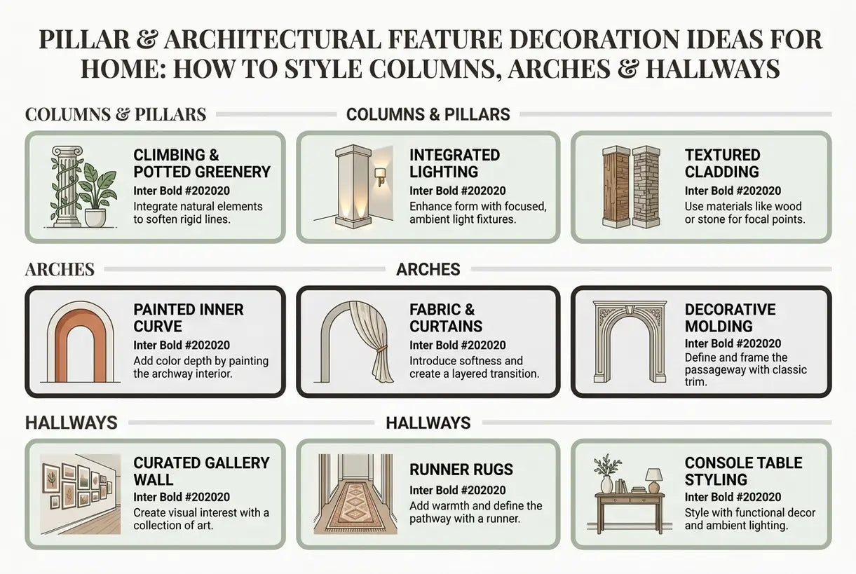 Pillar & Architectural Feature Decoration Ideas for Home: How to Style Columns, Arches & Hallways - infographic