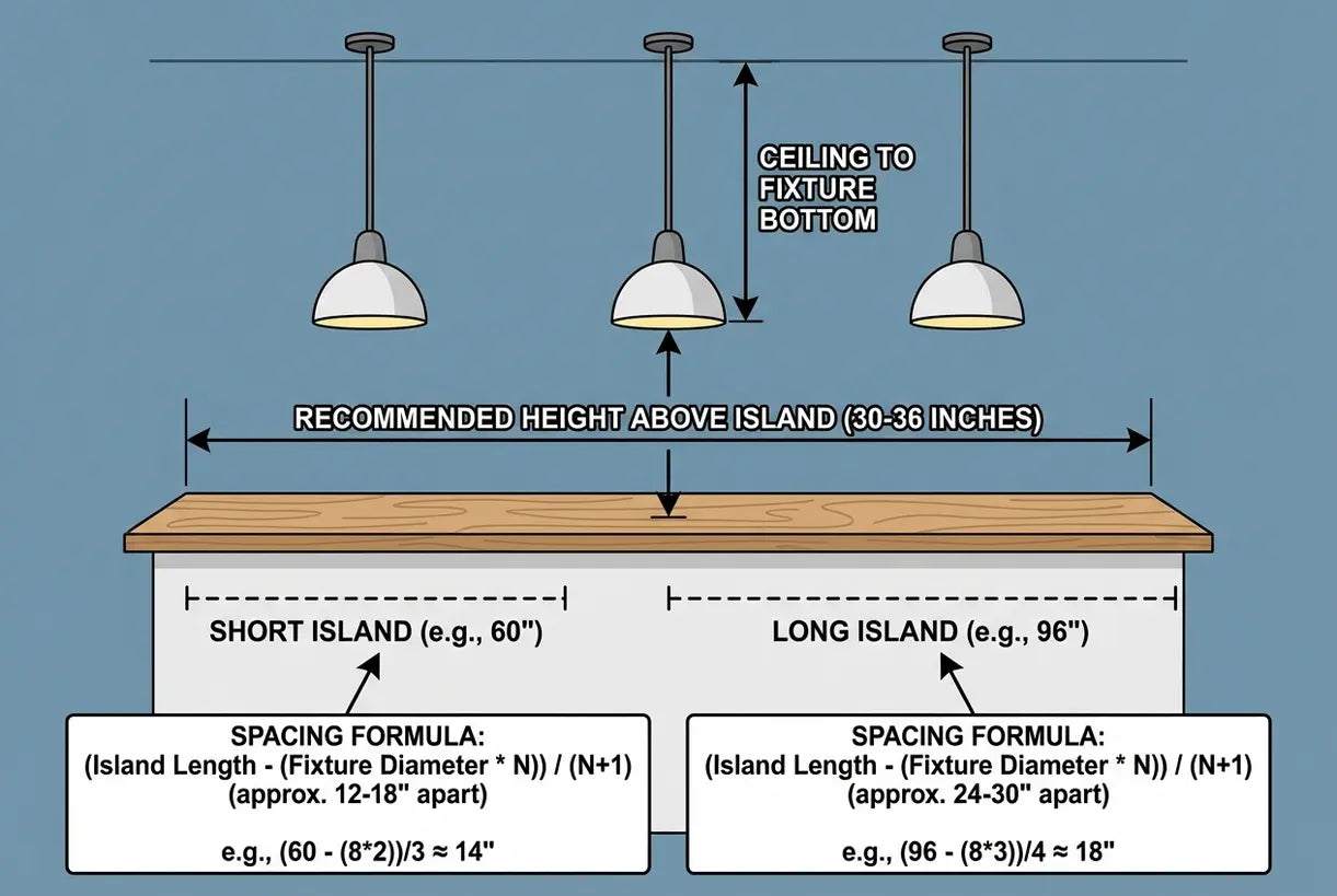 Diagram met aanbevelingen voor de hoogte en afstand van hanglampen