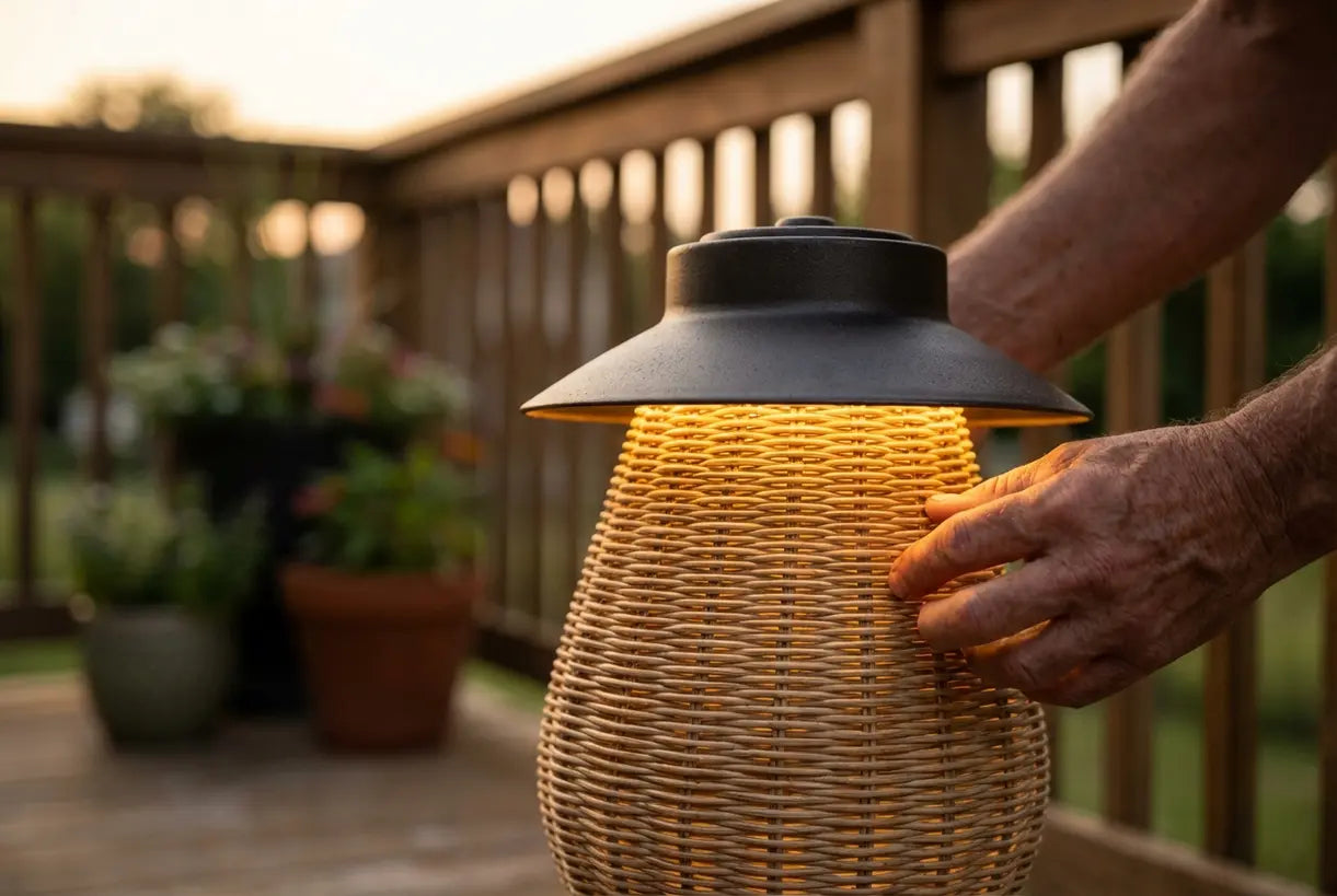 Handen die een buitenlamp voor het terras afstellen met warm LED-licht, Scandinavische stijl patioverlichting