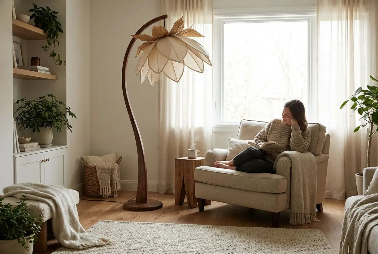 Scandinavische woonkamer met botanische vloerlamp als blikvanger in een hygge-geïnspireerd interieur