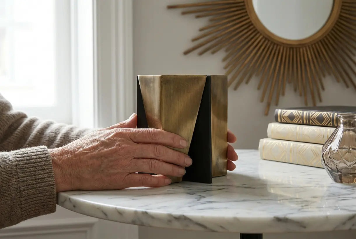 Hands styling geometric Art Deco home decor accessories with gold and metallic accents