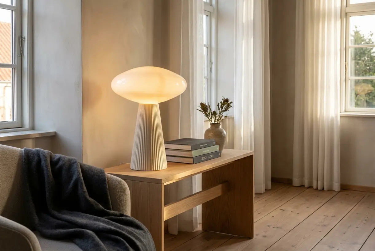 Moderne luxe tafellamp als blikvanger in een Scandinavische woonkamer met warm sfeerlicht