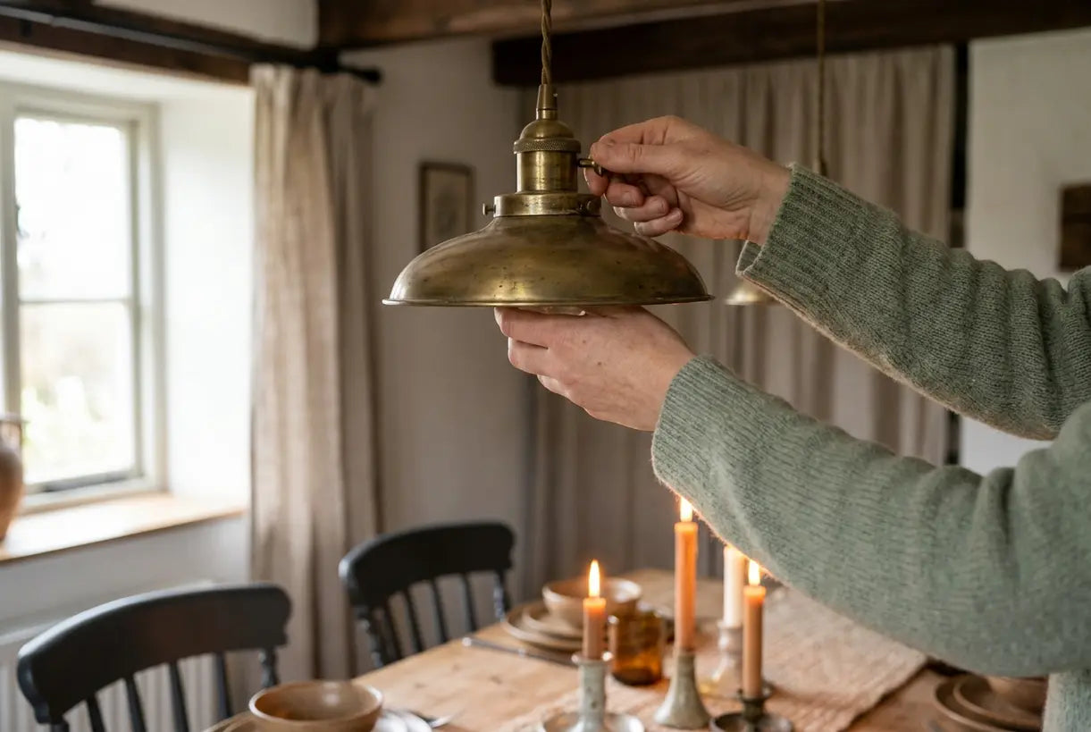 Vintage messing hanglamp wordt afgesteld in gezellige cottage-eetkamer