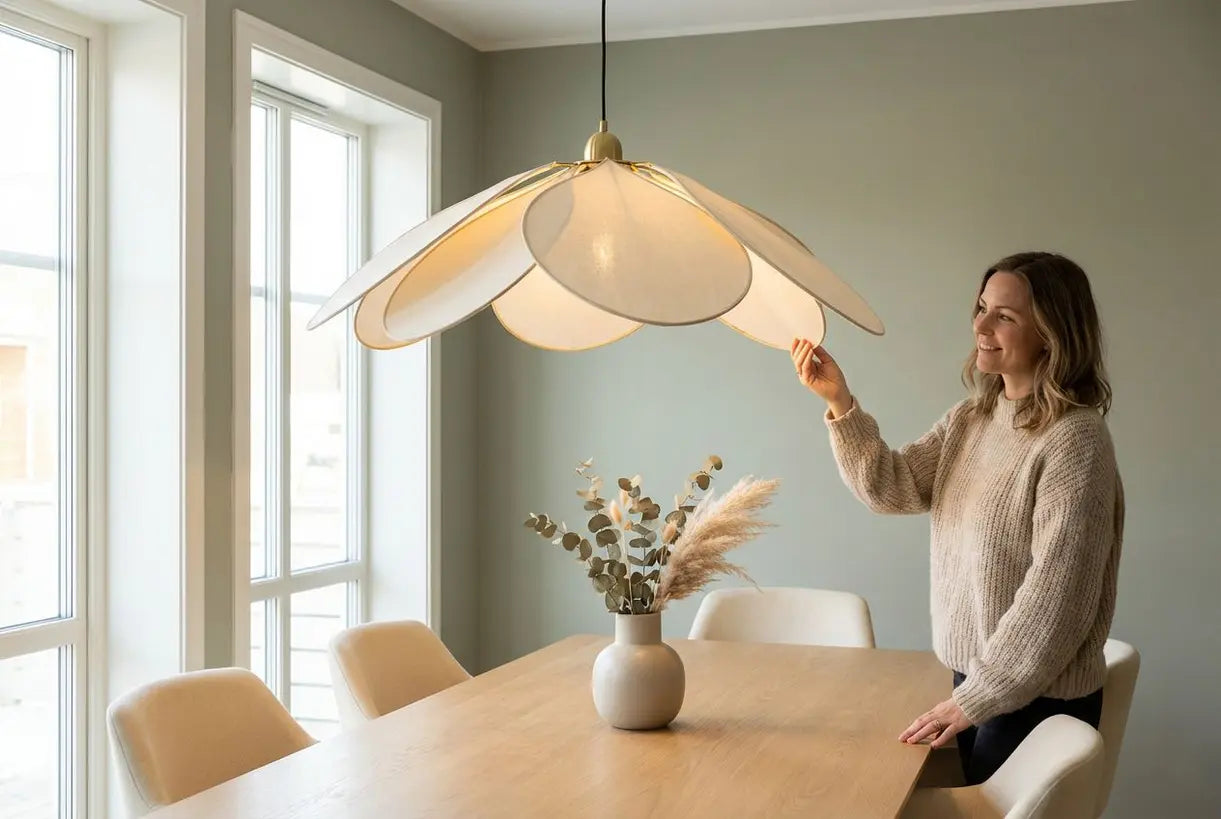 Scandinavische eetkamer met een bloemvormige hanglamp boven een minimalistische tafel