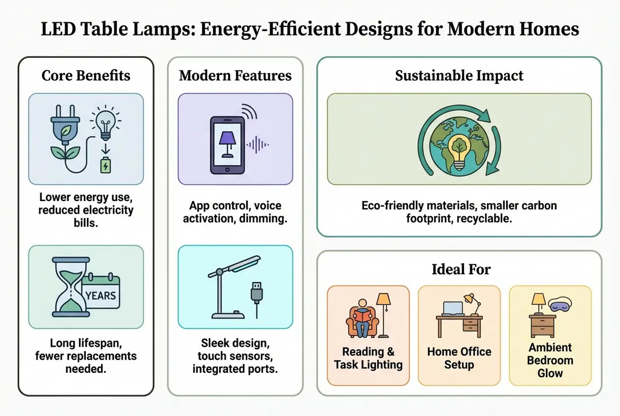 LED Tafellampen: Energiezuinige ontwerpen voor moderne woningen - infographic