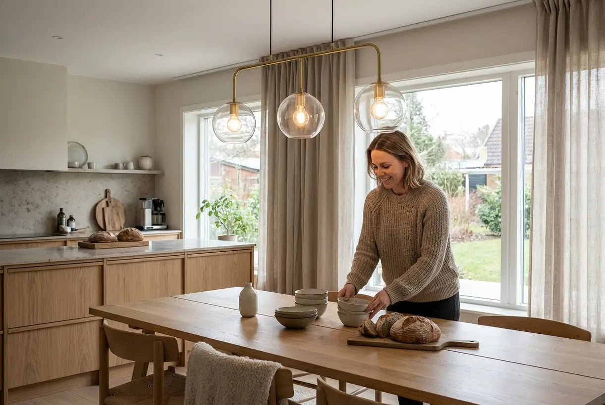Modern kookeiland met een lineaire hanglamp met drie lichtpunten en iemand die eten klaarmaakt, Scandinavisch interieur