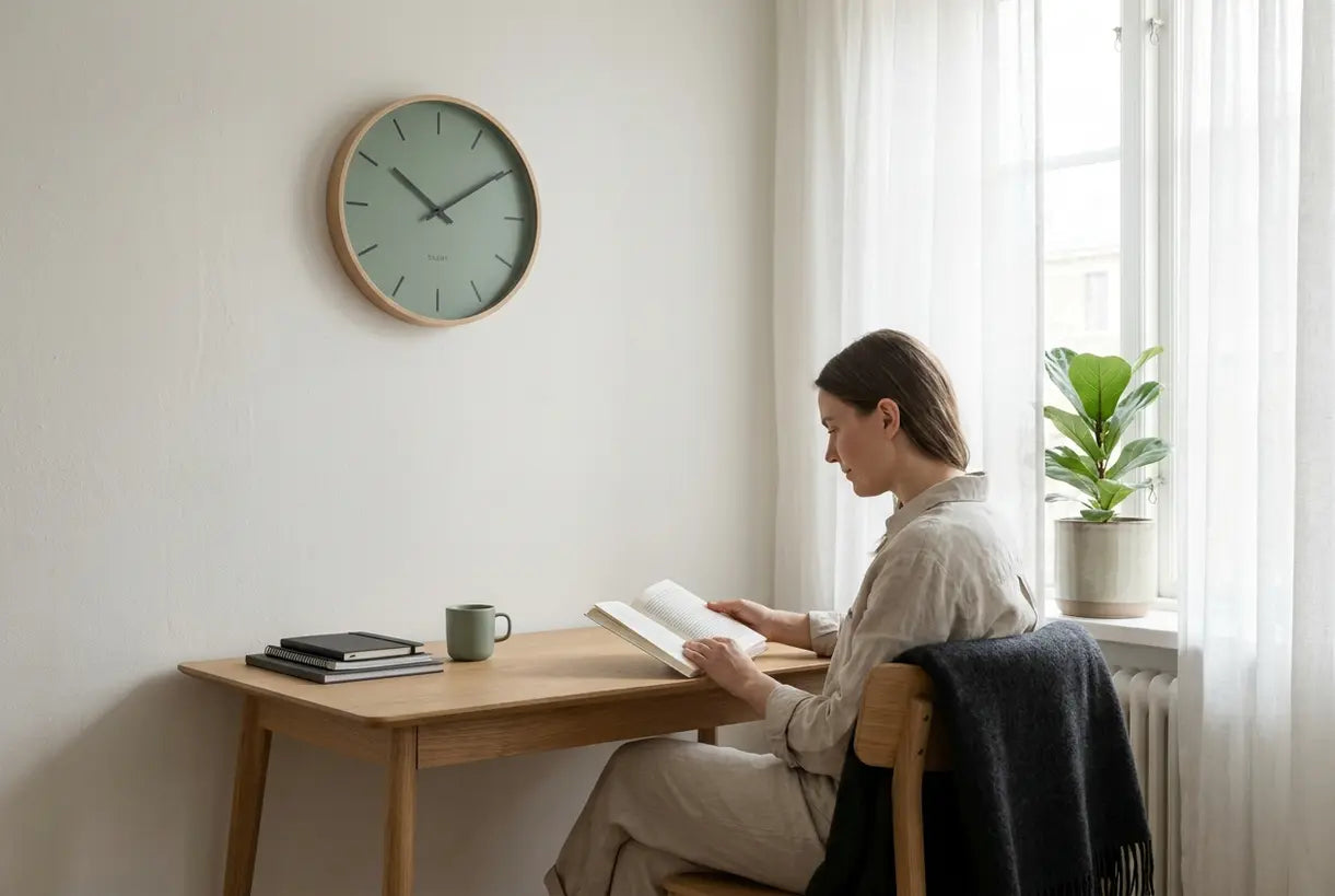 Serene slaapkamerinterieur met Scandinavische stille wandklok, rustige geruisloze tijdwaarneming voor een betere slaap