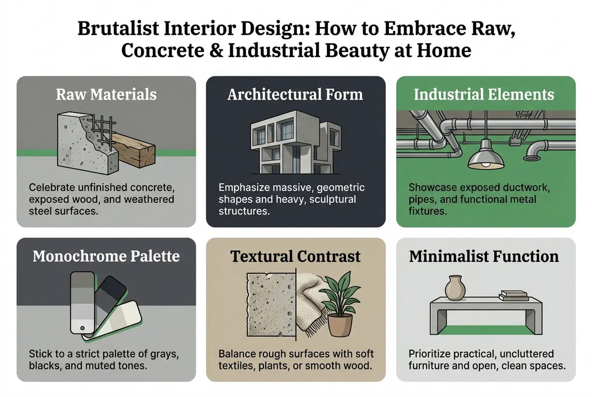 Brutalist Interior Design: How to Embrace Raw, Concrete & Industrial Beauty at Home - infographic