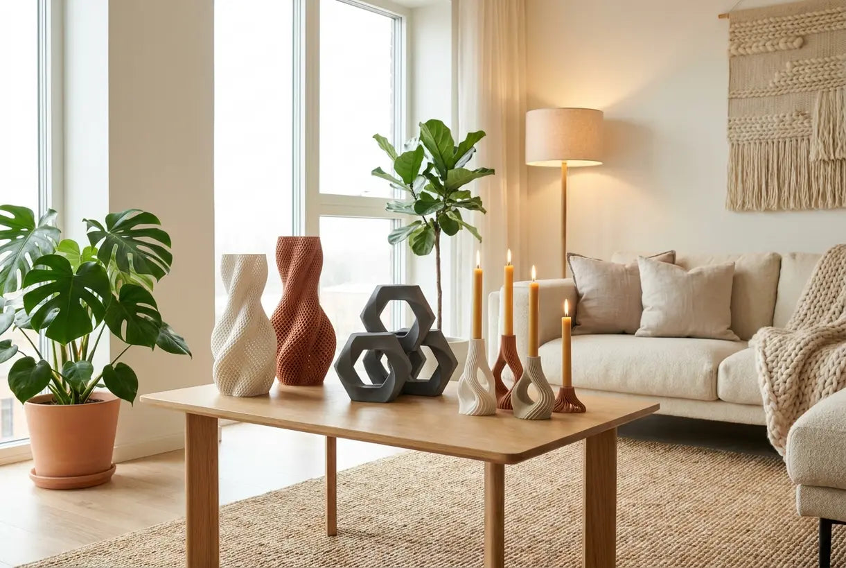 Modern Scandinavian living room with sculptural 3D printed decor pieces on oak side table in natural light