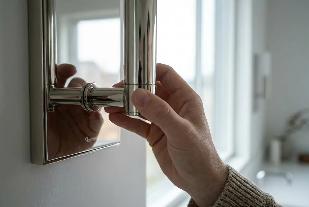 Handen die een gepolijste chromen wandlamp aanpassen, met reflecterende metalen afwerking