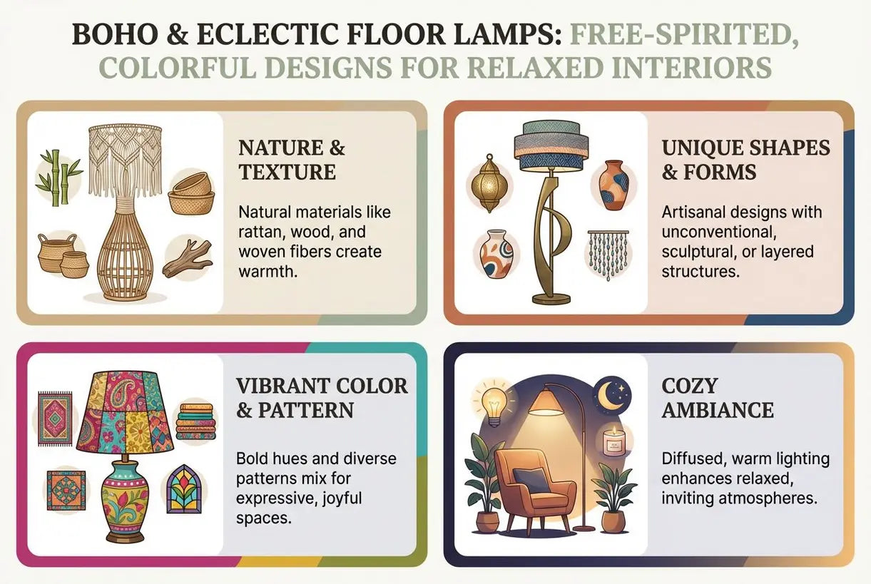 Boho- en eclectische vloerlampen: vrije, kleurrijke ontwerpen voor een ontspannen interieur - infographic
