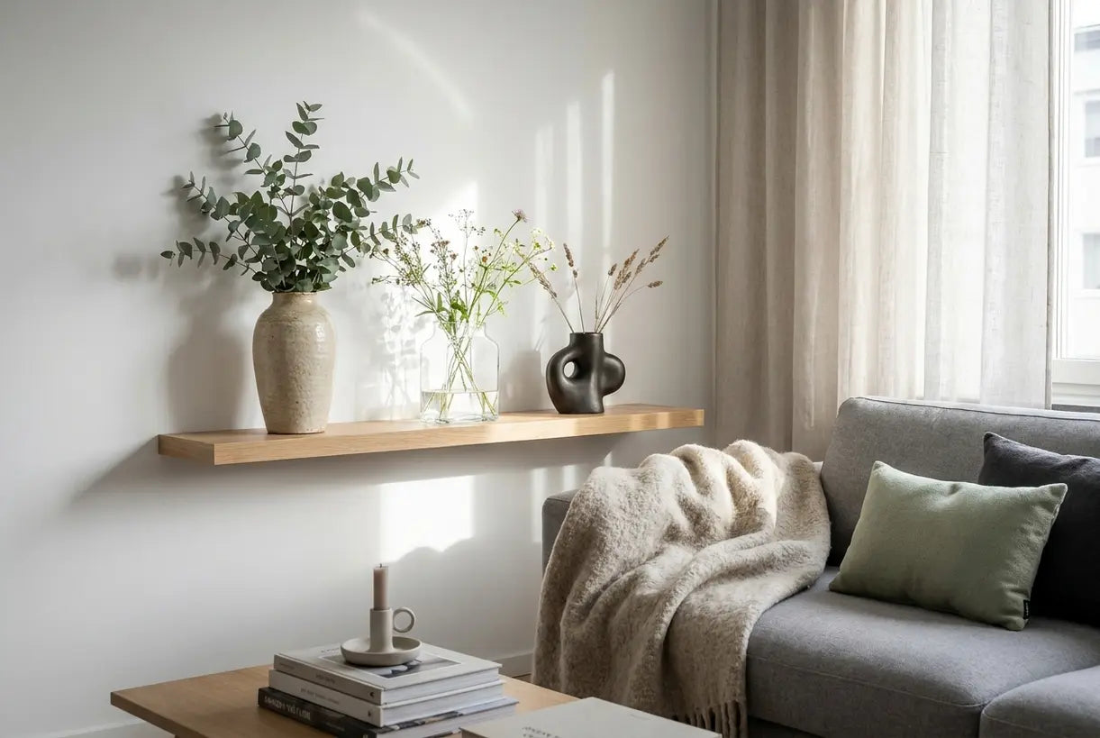 Kuratiertes Arrangement von drei verschiedenen Blumenvase auf einem Regal im nordischen Stil