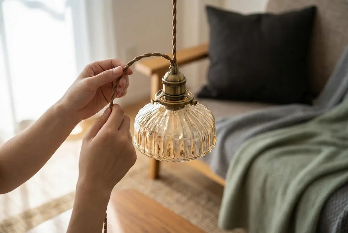 Hand die Scandinavische pendellampkabel afstelt, detail glazen textuur