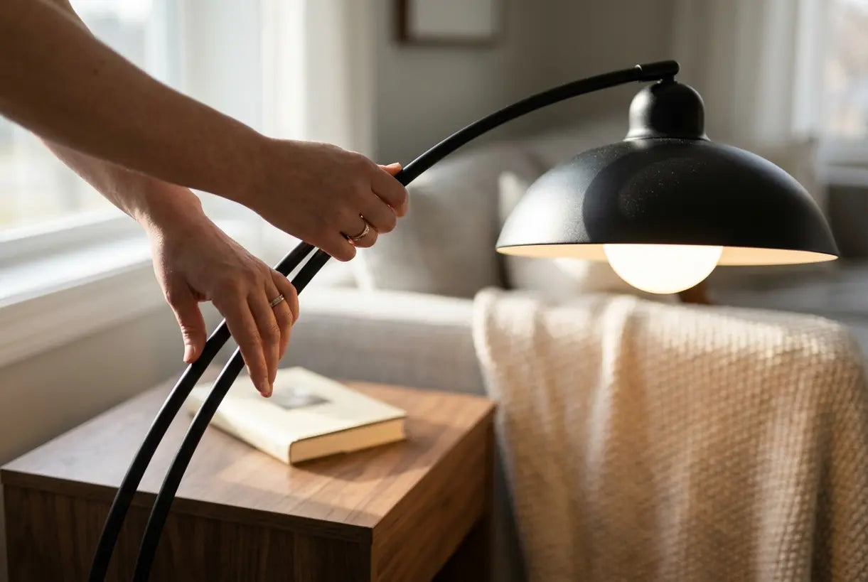 Close-up van handen die een moderne eigentijdse vloerlamp afstellen met gebogen metalen arm en warme LED-gloed in een Scandinavisch interieur