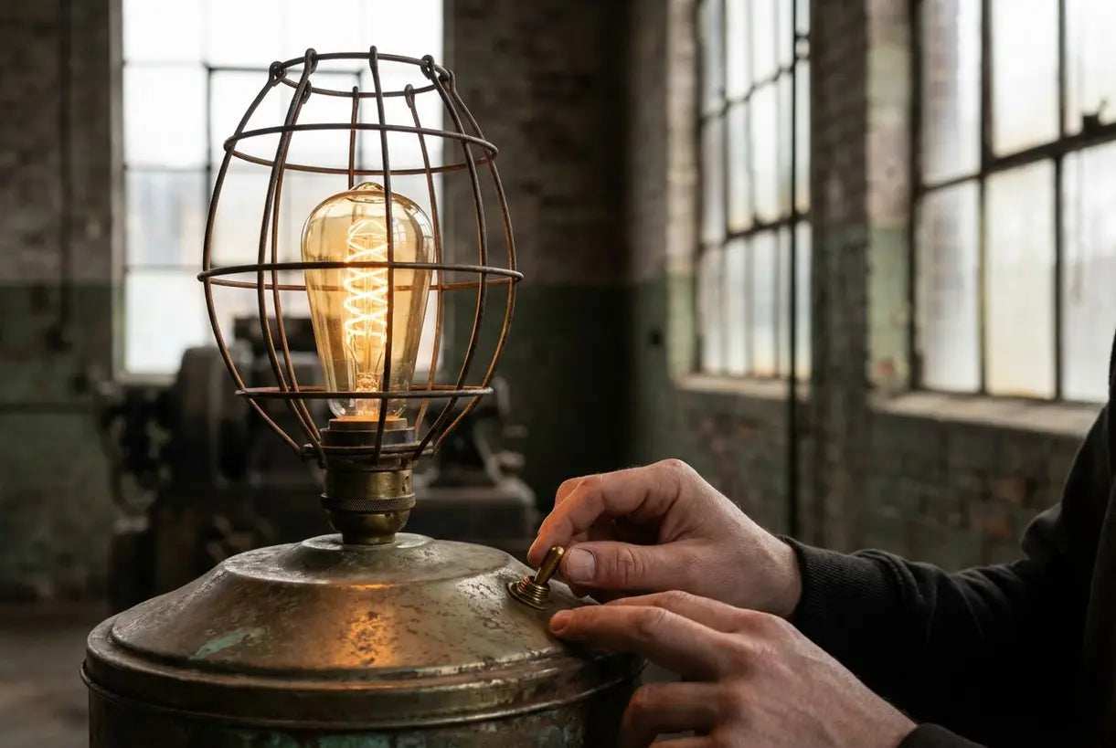 Vintage Edison gloeilamp in draadkooi kap, detail industriële vloerlamp met warme sfeervolle gloed