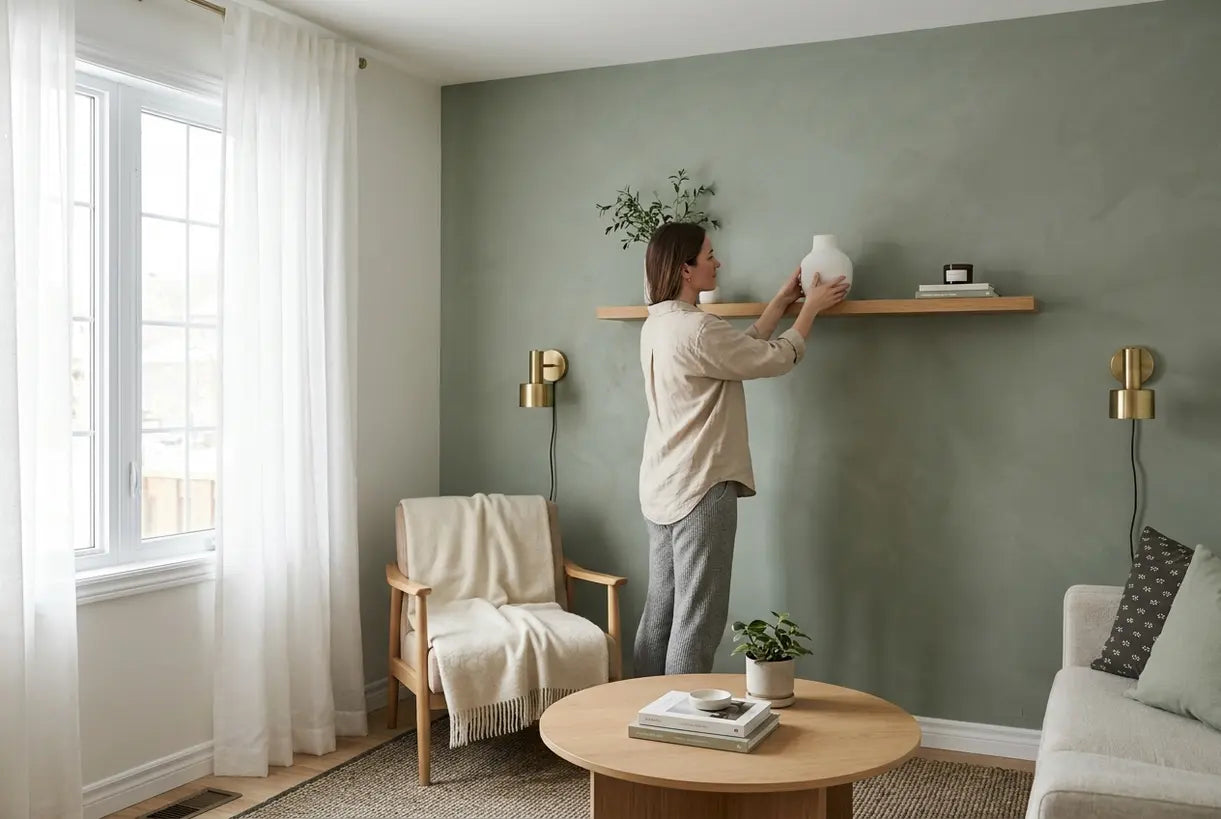 Scandinavian living room with sage green accent wall and curated decor styling