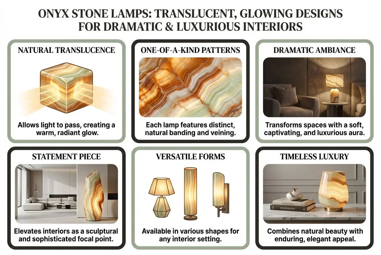 Onyx Steinlampen: Transluzente, leuchtende Designs für dramatische & luxuriöse Interieurs - Infografik