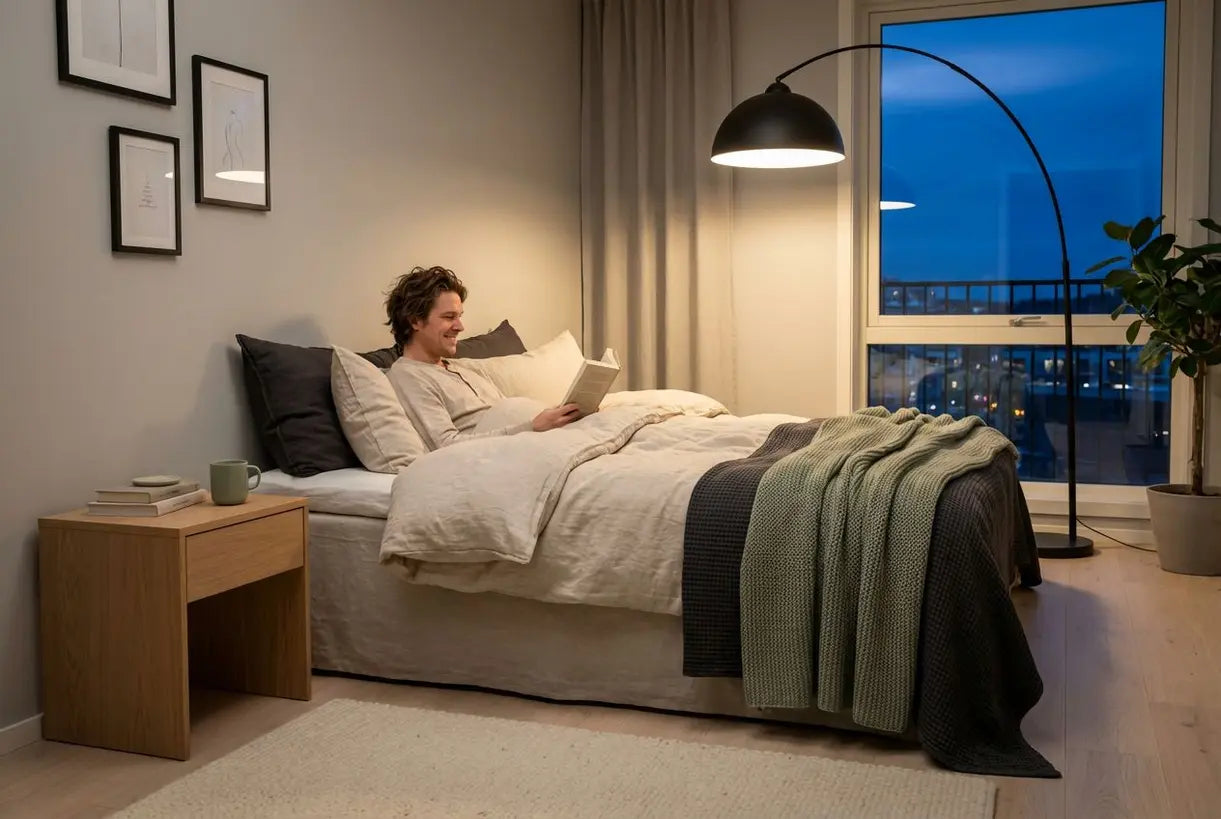 Scandinavisch slaapkamerinterieur met moderne vloerlamp die een warme leeshoek sfeer creëert