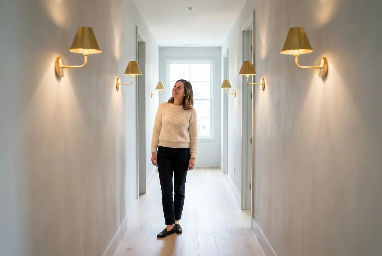 Messing wandlampen die een eigentijdse hal verlichten met een warme tijdloze metaalglans