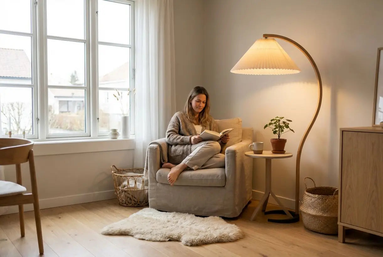 Persoon ontspant in een prachtig verlichte Scandinavische woonkamer met een geplooide staande lampenkap