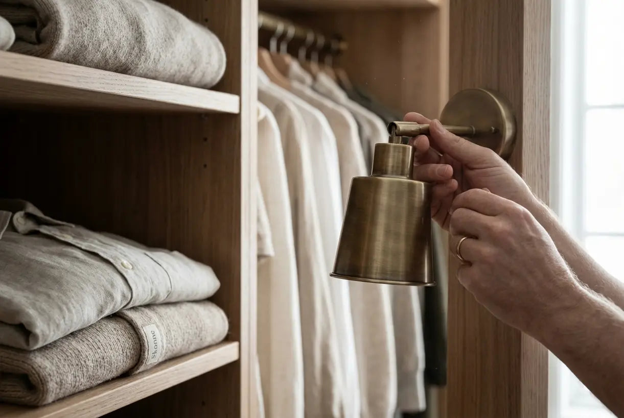 Handen die een Scandinavische wandlamp installeren in een georganiseerde kast met zachte sfeerverlichting