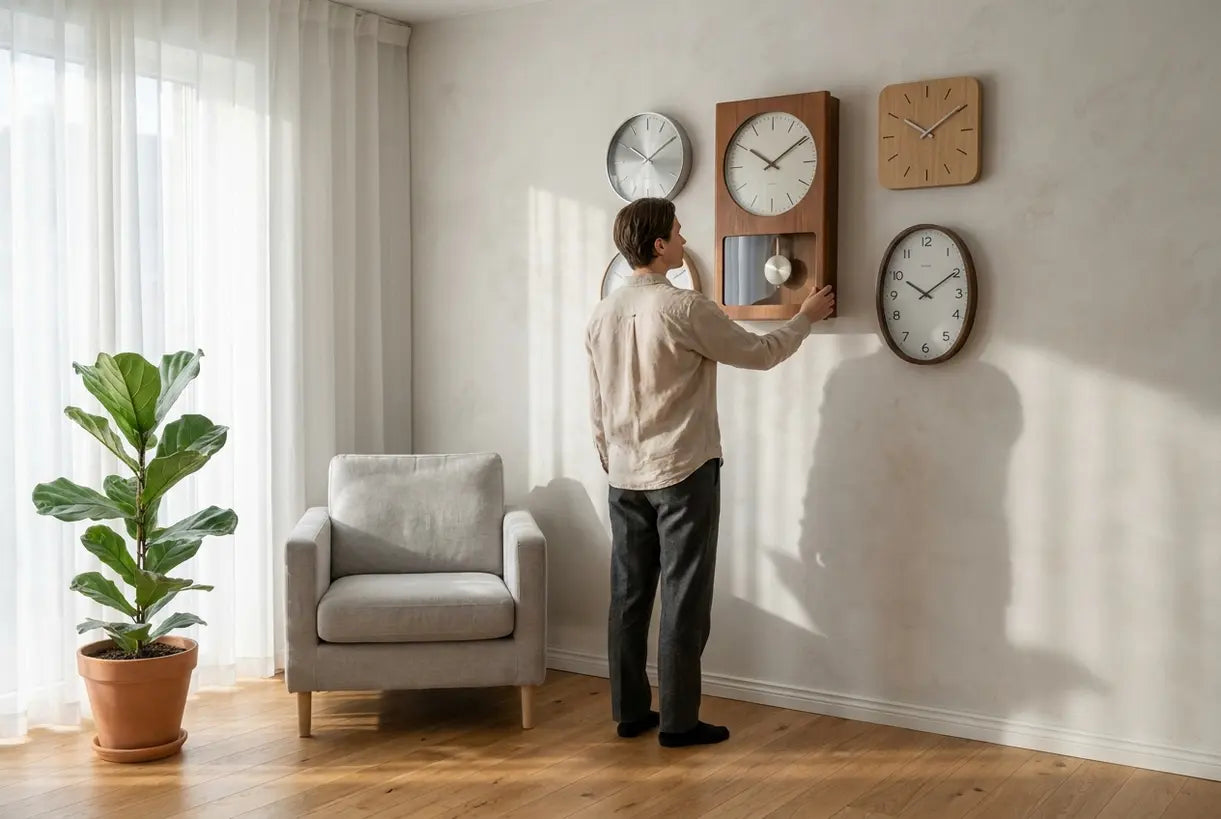 Person arrangiert rechteckige und quadratische Wanduhren in minimalistischem skandinavischem Wohnzimmer-Interieur