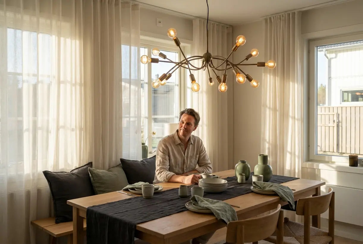 Scandinavische eetkamer met statement kroonluchter en persoon zittend aan tafel
