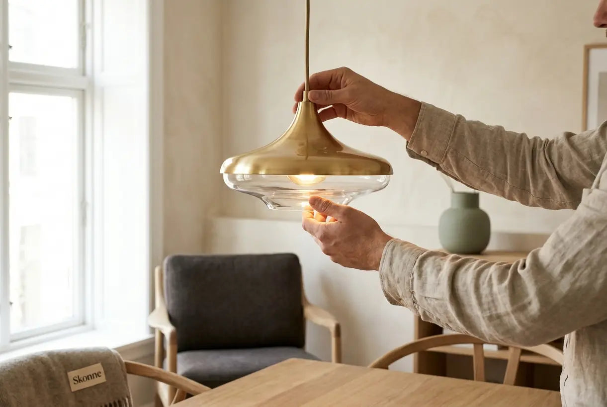 Hands adjusting brass pendant light in transitional home decor interior