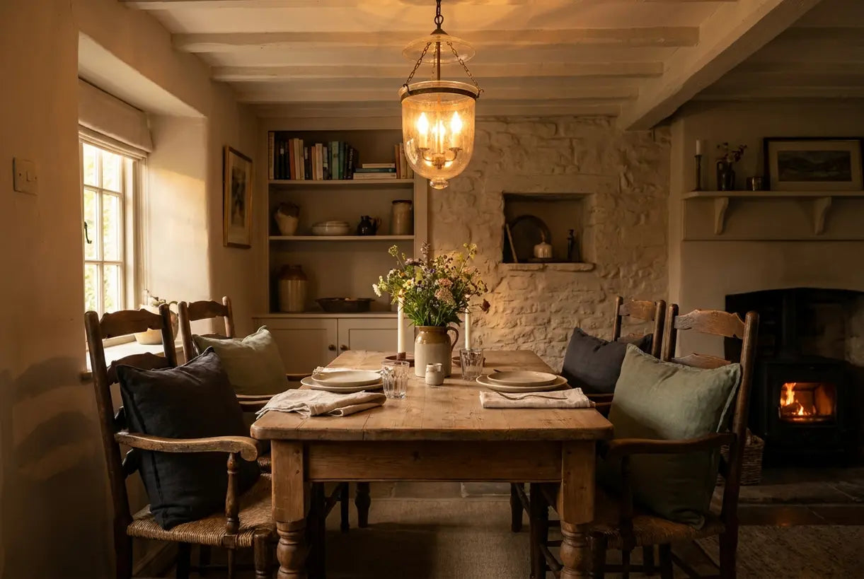 Romantische cottage eetkamer met vintage kroonluchter en landelijke tafelsetting
