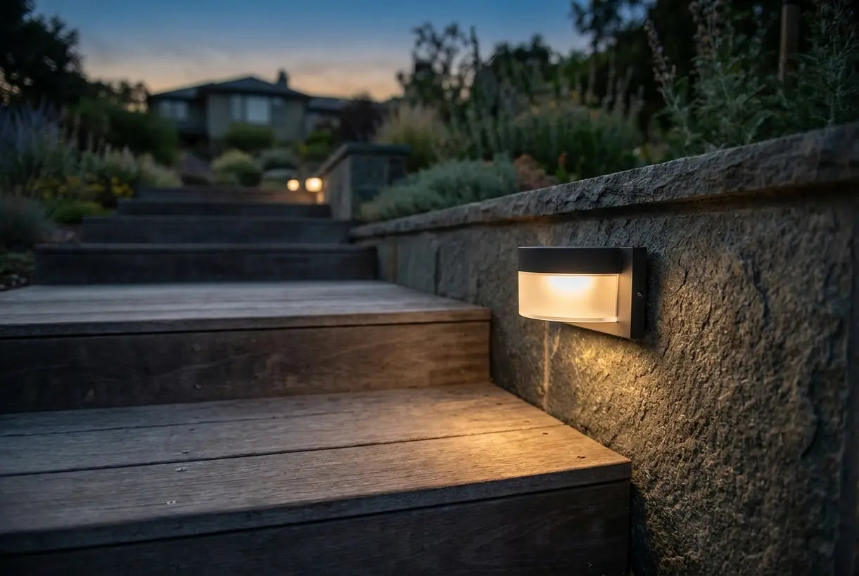 Buitentrapverlichting met moderne wandkandelaar die houten treden verlicht bij schemering