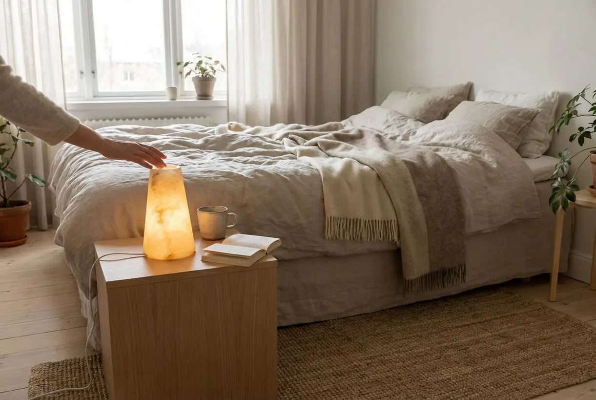 Scandinavische slaapkamer met albasten tafellamp op nachtkastje die warm omgevingslicht werpt