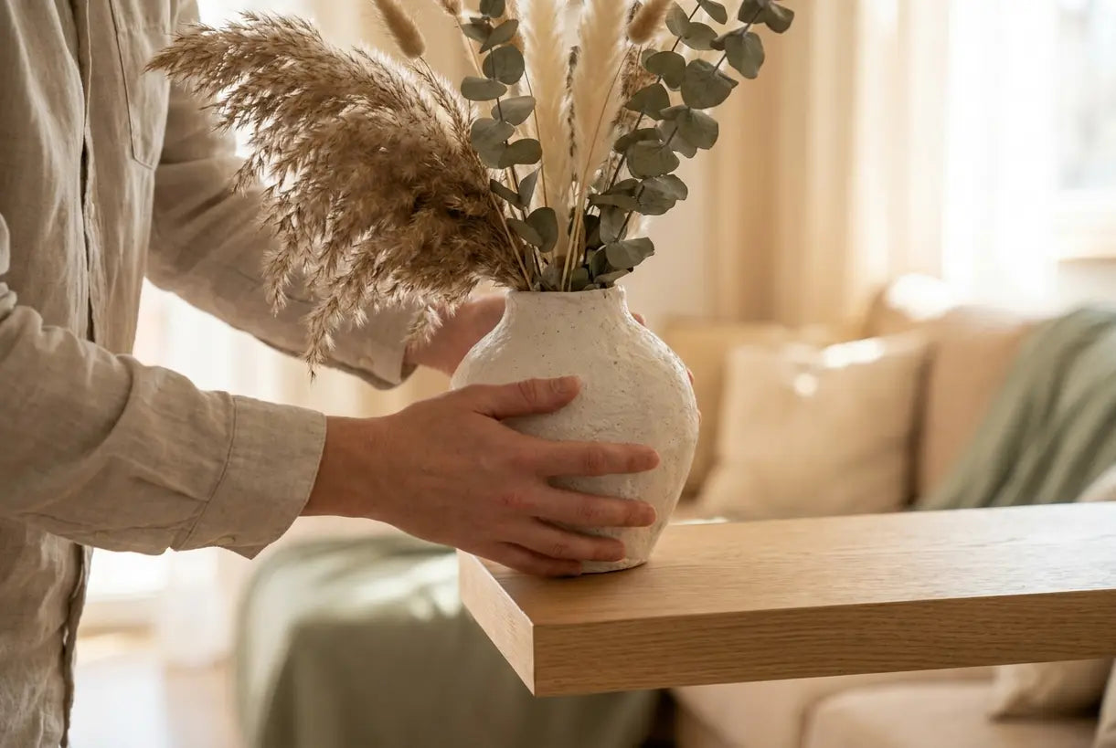Hands arranging ceramic vase and dried flowers on shelf for new home interior decoration