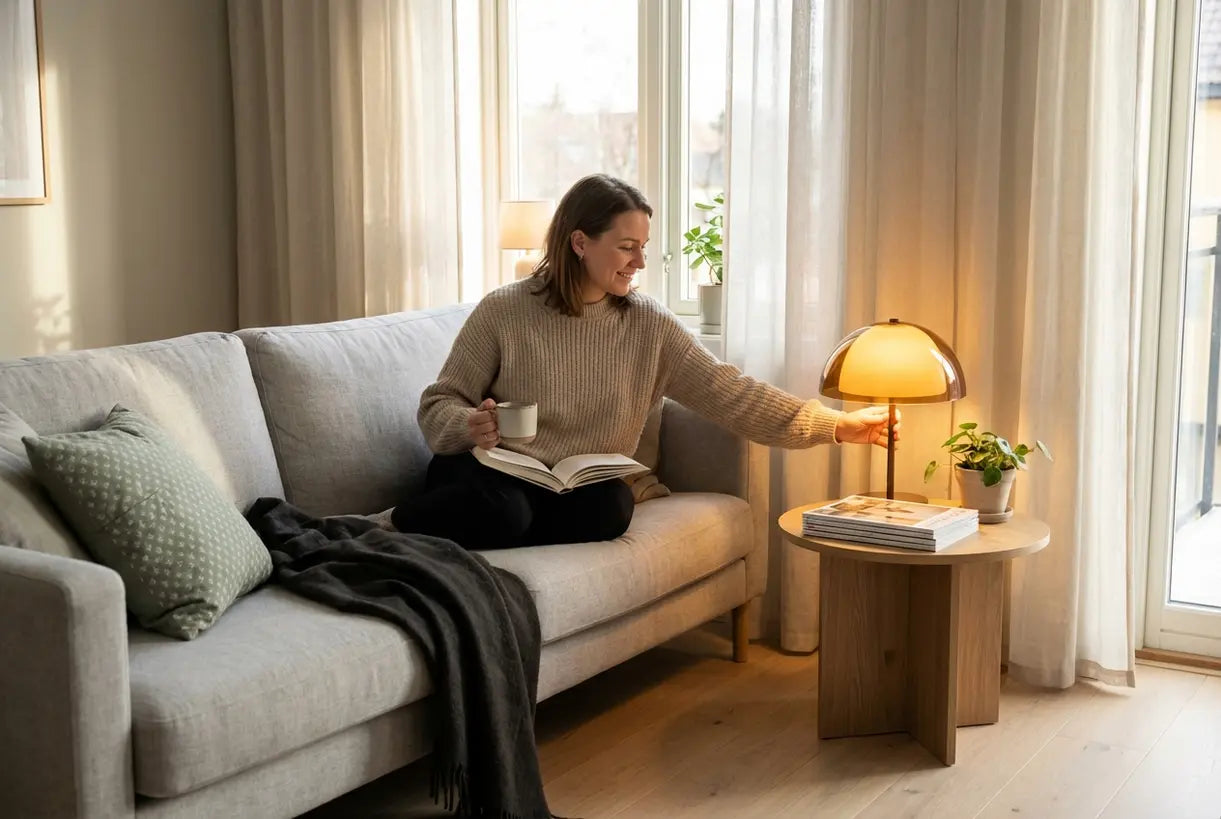 Persoon ontspannen met woonkamer tafellamp in gezellig Scandinavisch interieur