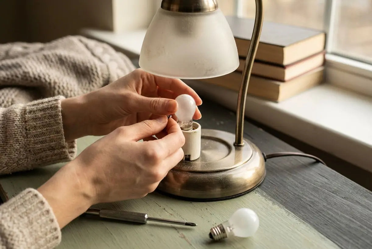 Handen verwijderen halogeenlamp uit kaarsenwarmerlamp tijdens reparatie-troubleshooting