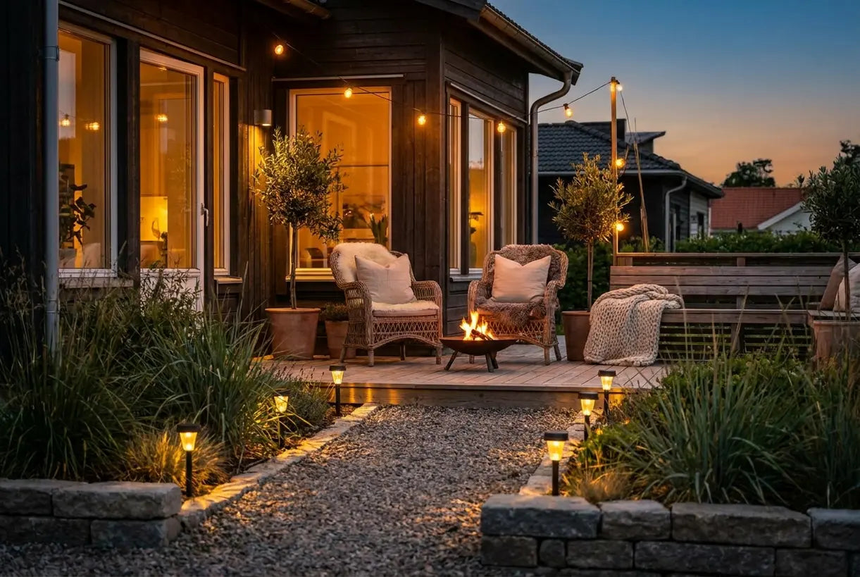 Scandinavian styled porch exterior at dusk with warm solar lighting and cozy ambiance