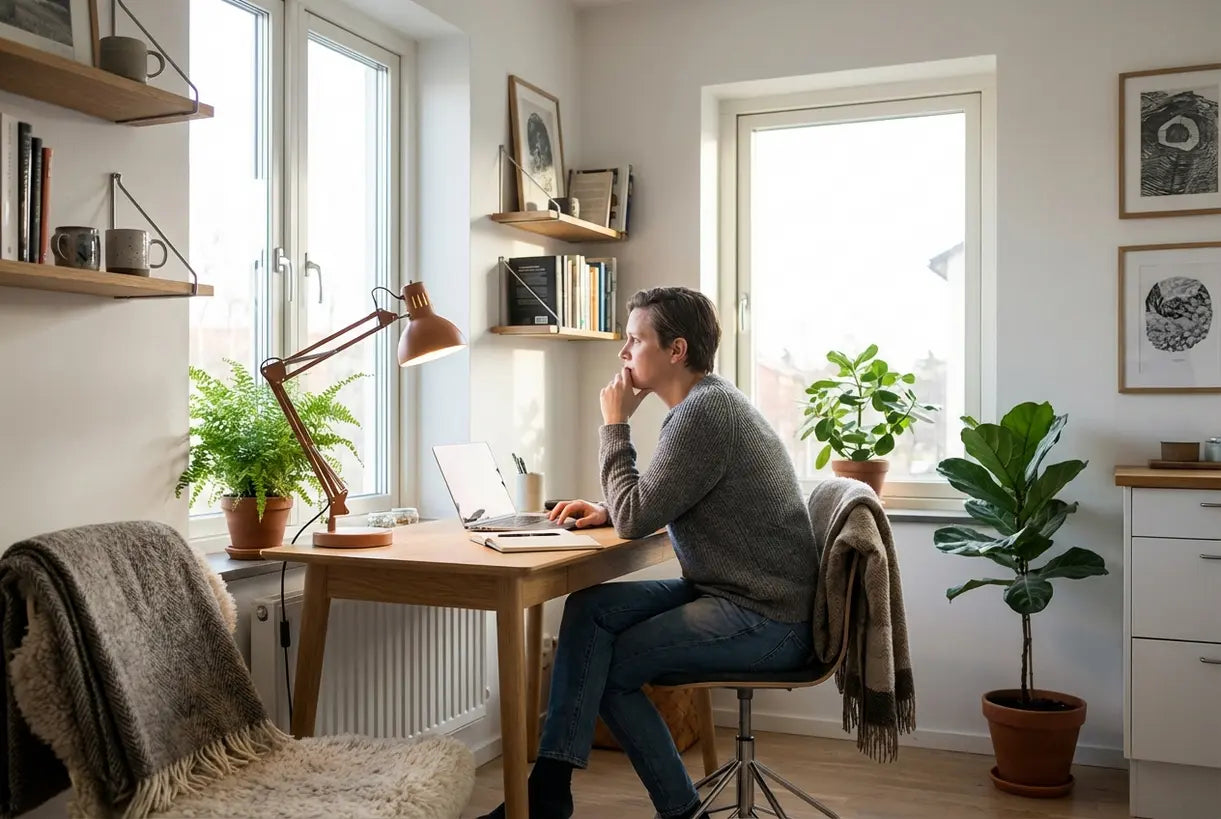 Modern Scandinavian home office interior with person working at minimalist desk in warm natural light
