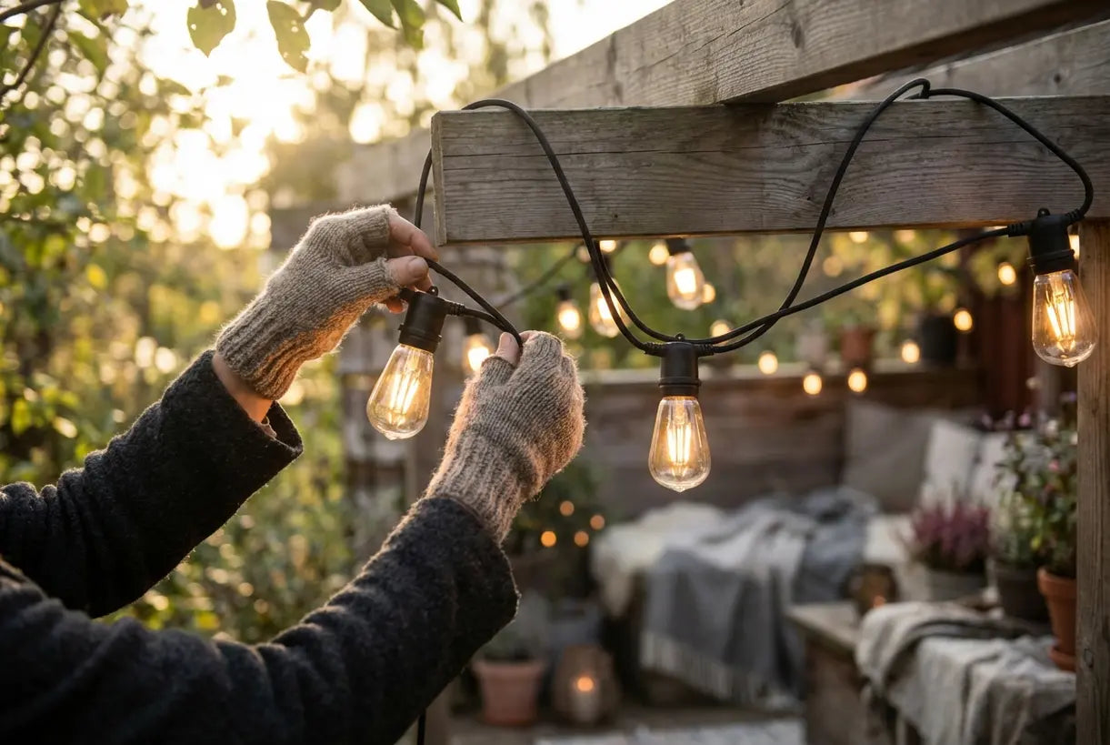 Handen hangen feestverlichting op houten terrasbalken voor buitenverlichtingsdecoratie