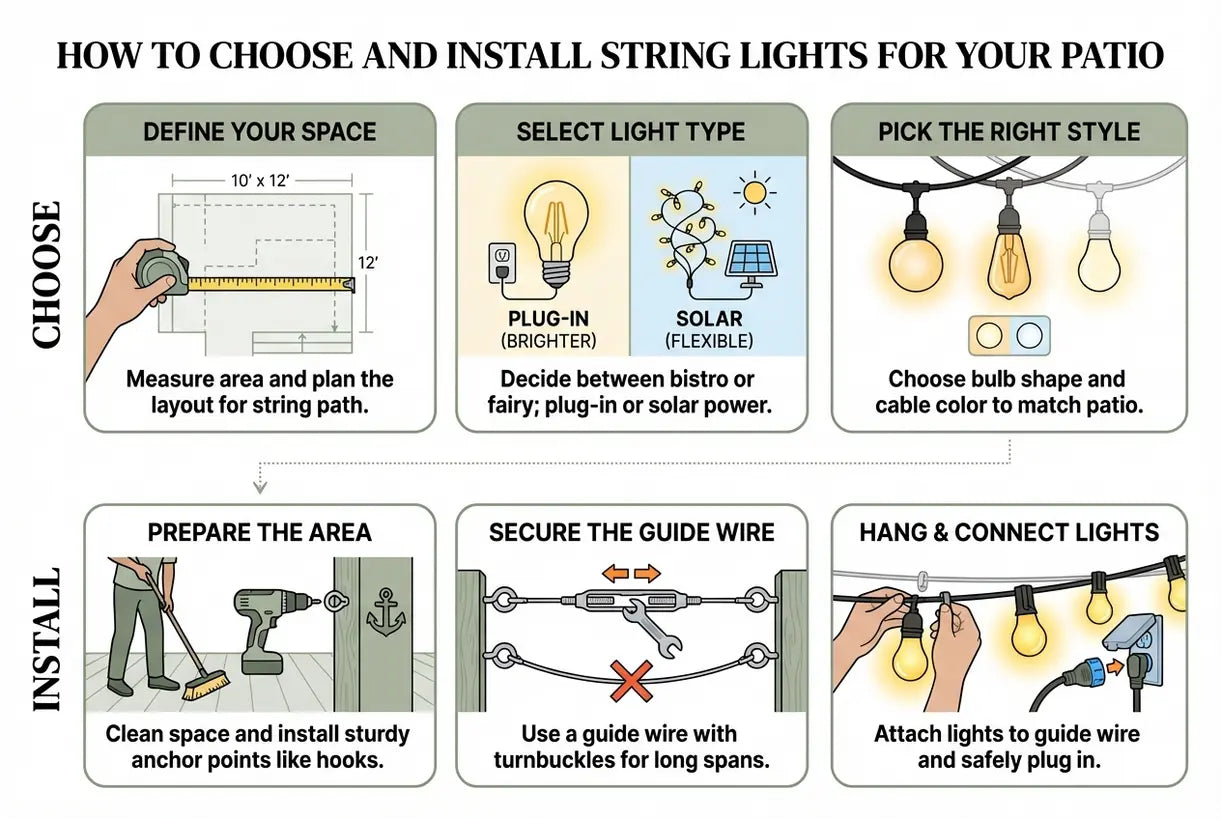 How to Choose and Install String Lights for Your Patio - infographic