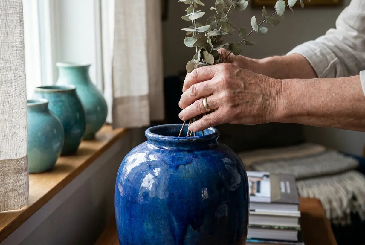 Handen stylen een grote blauwe keramische vaas met gedroogde botanische elementen in natuurlijk licht