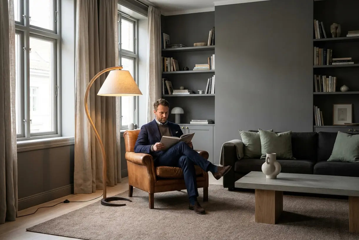 Masculine living room with Scandinavian floor lamp and sophisticated interior design for men