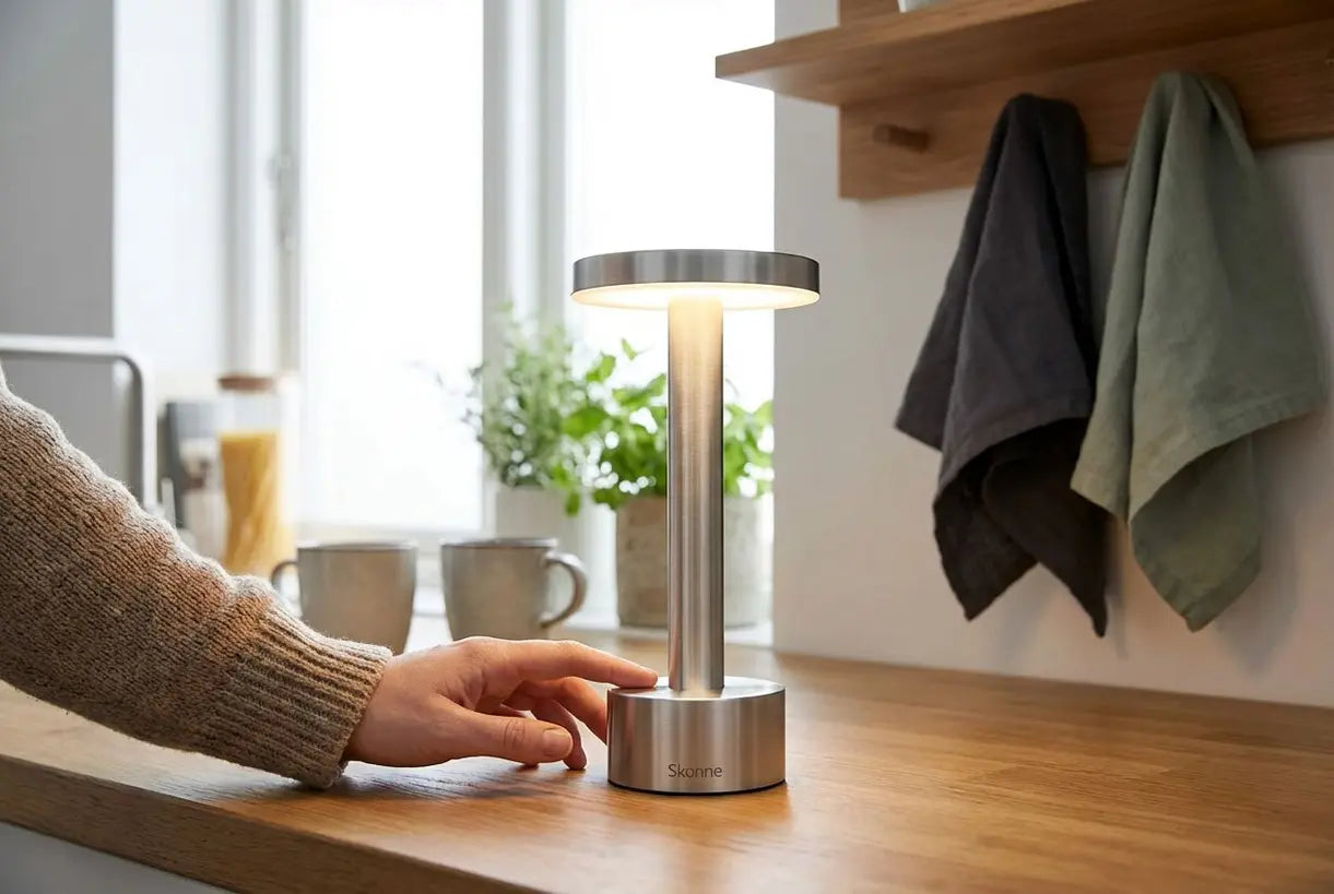 Handen passen aanraakdimmer aan op draadloze keukenlamp