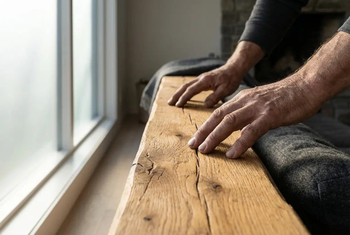 Handen raken de natuurlijke nerf van eikenhout aan, Scandinavisch interieurdesign