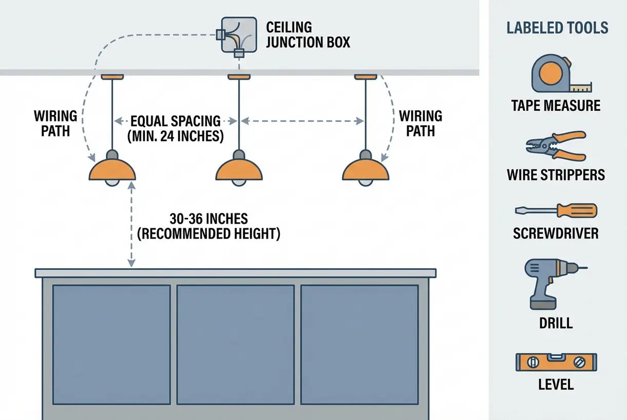 Diagram showing pendant light height and spacing measurements