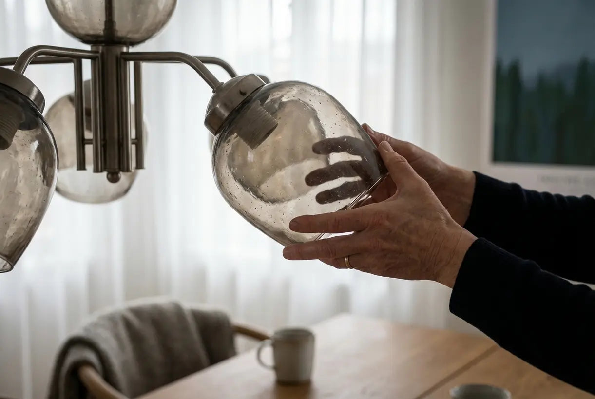 Handen die een gerookte glazen kroonluchterkap in een Scandinavische eetkamer verstellen