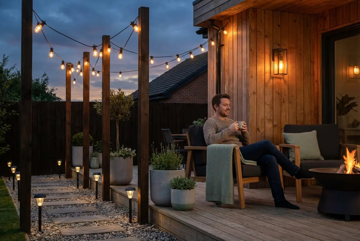 Scandinavische achtertuin patio bij schemering met DIY buitenslingerlampen, solar padverlichting en wandlamp